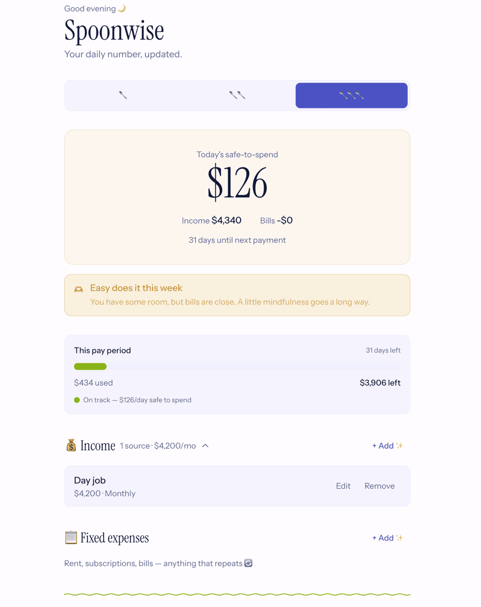 Spoonwise app screenshot showing the three-spoons detail view and today's safe-to-spend number